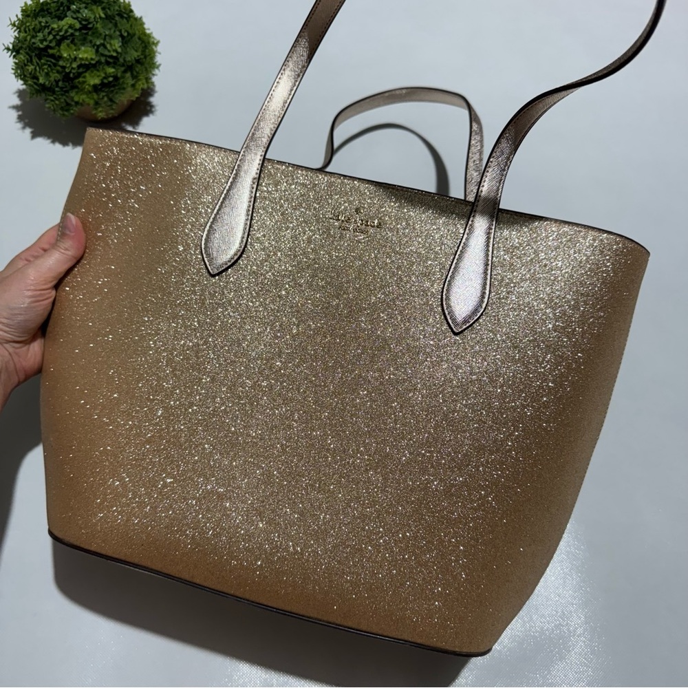 Kate Spade Gold Large Glimmer Zip Top Tote Bag Purse Classic Festive Party Wvent